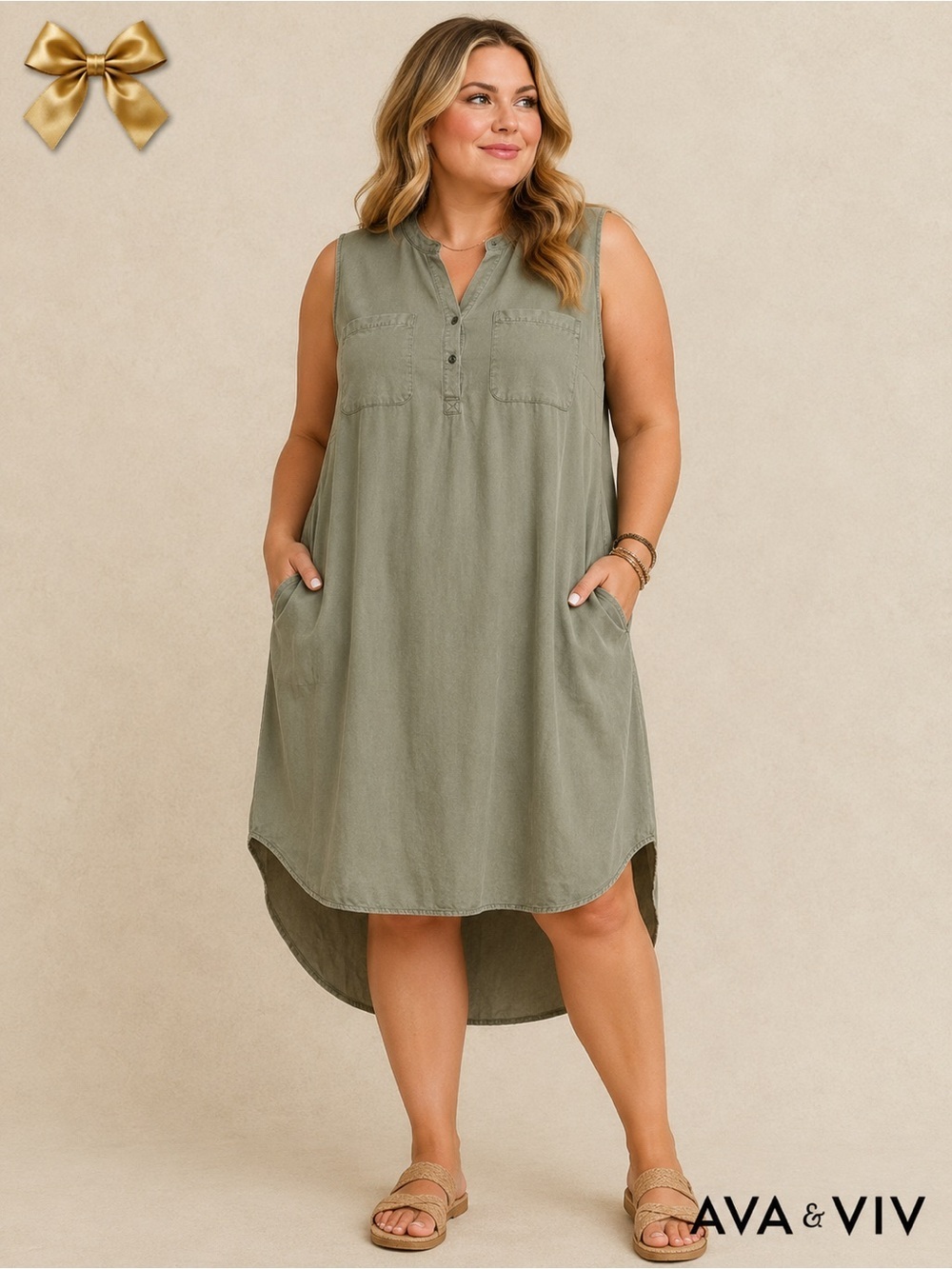 Ava & Viv Olive Green Lyocell Sleeveless Tunic Midi Dress 2X